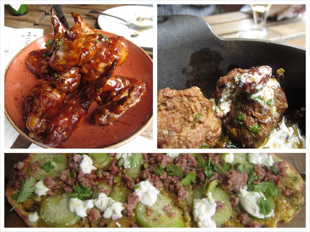 Chicken wings, lamb meatballs, sausage and tomatillo flatbread